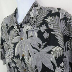 Tommy Bahama Hawaiian Aloha Shirt Mens L Textured Silk Black Gray Short Sleeve